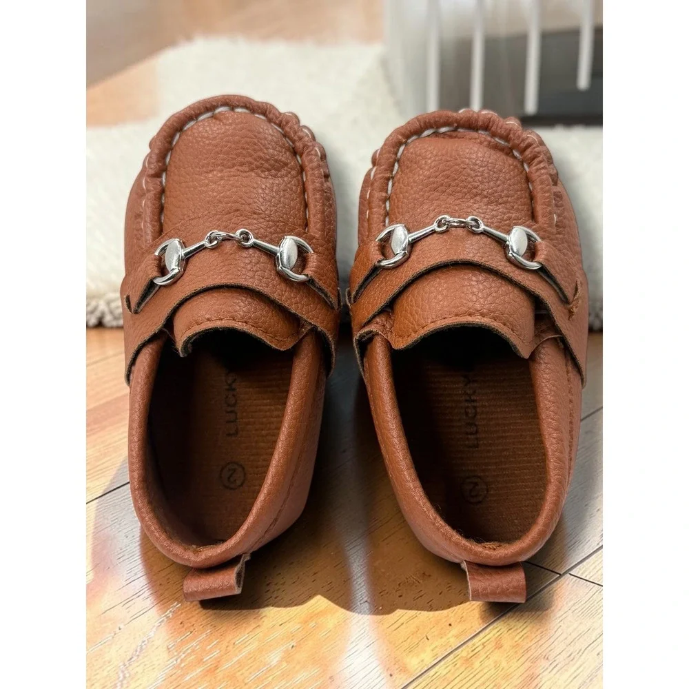 Lucky Love Baby Boys Tan Pebbled Faux Leather Horsebit Loafers Size 2